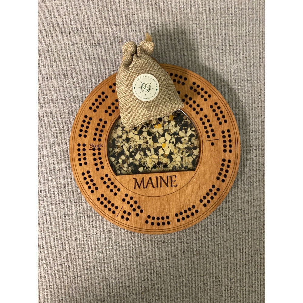 Maine Shellware Wooden Cribbage Board Crushed Shell Inlay Round Travel Game 7in